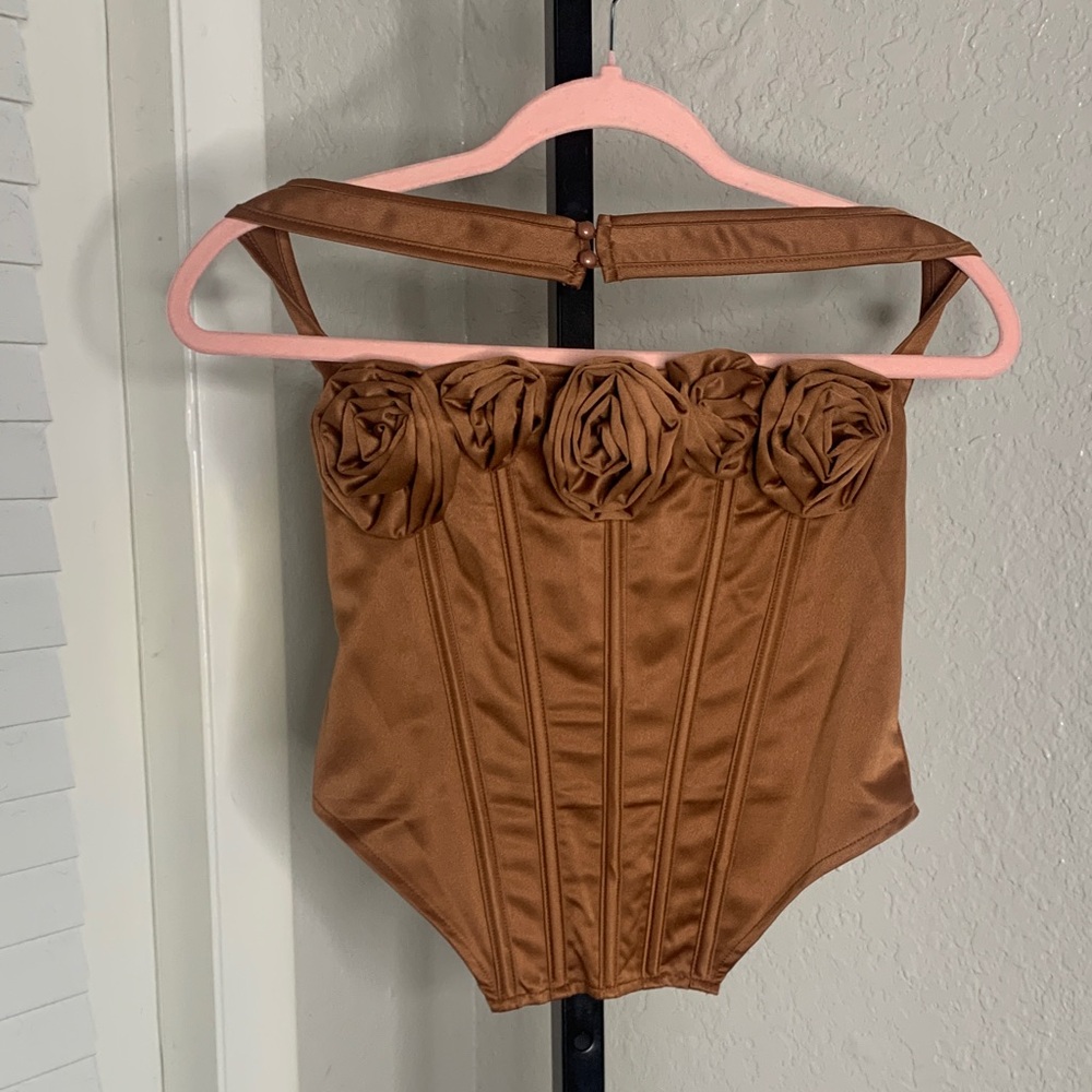 NEW pretty little thing bronze satin rose appliqué trim halterneck corset size 6